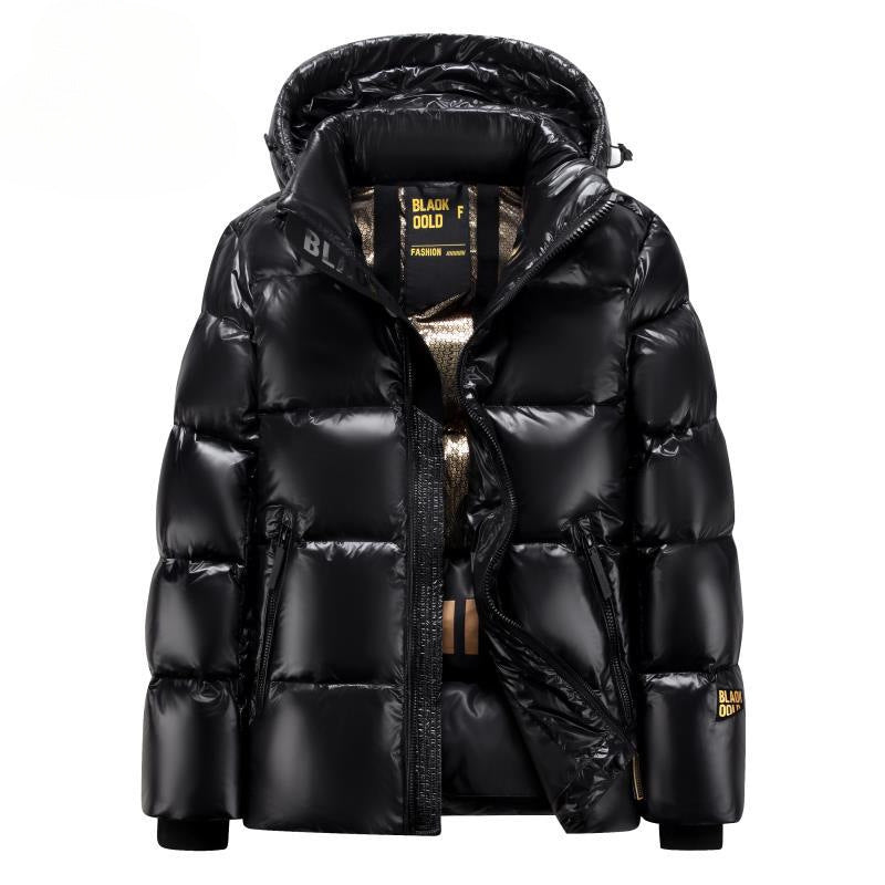 Mens Hooded Black And Gold Goose Down Jacket