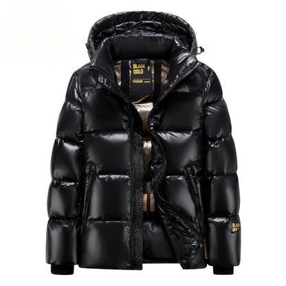 Mens Hooded Black And Gold Goose Down Jacket