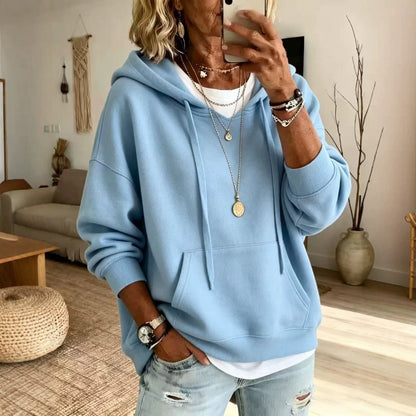 Women Casual Solid Pullover Hoodie Long Sleeve Drop Shoulder Sweatshirt With Drawstring & Kangaroo Pocket Loose Fit Tops