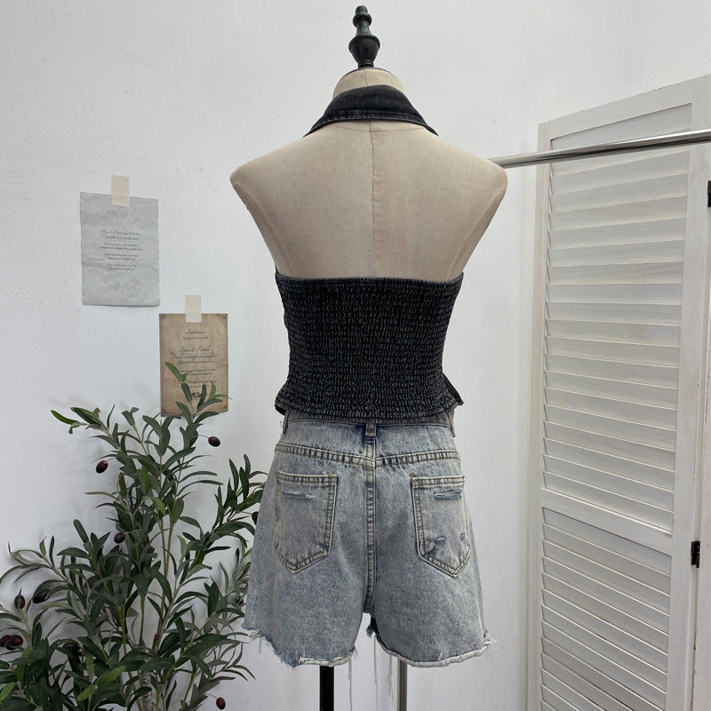Neck-hanging V-neck Denim Vest Sleeveless Top For Women