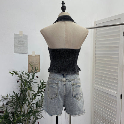 Neck-hanging V-neck Denim Vest Sleeveless Top For Women