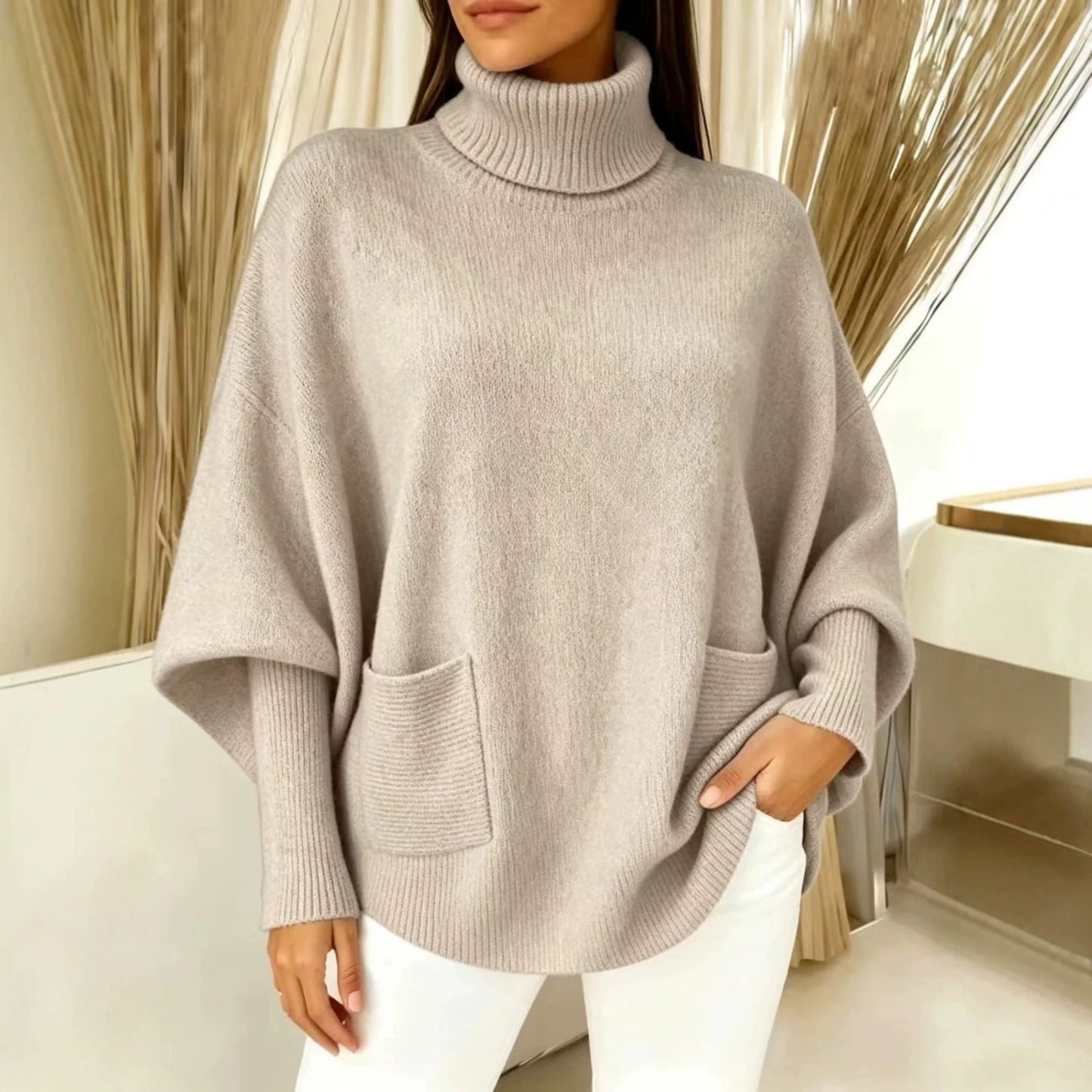 Fashionable Solid-Color Long-Sleeve Turtleneck Sweater For Women