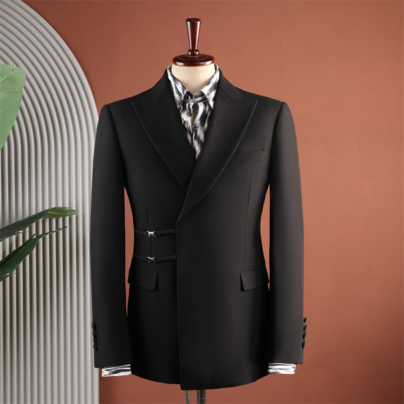 Men Black Peak Lapel Side Buckle 2 Piece Suit Set Gurkha Trousers