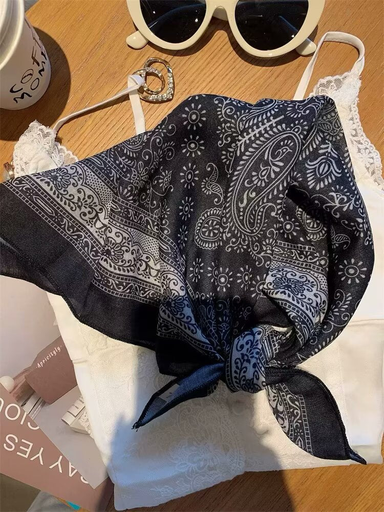 Korean-style Cashew Flower Cotton-Linen Square Scarf For Women