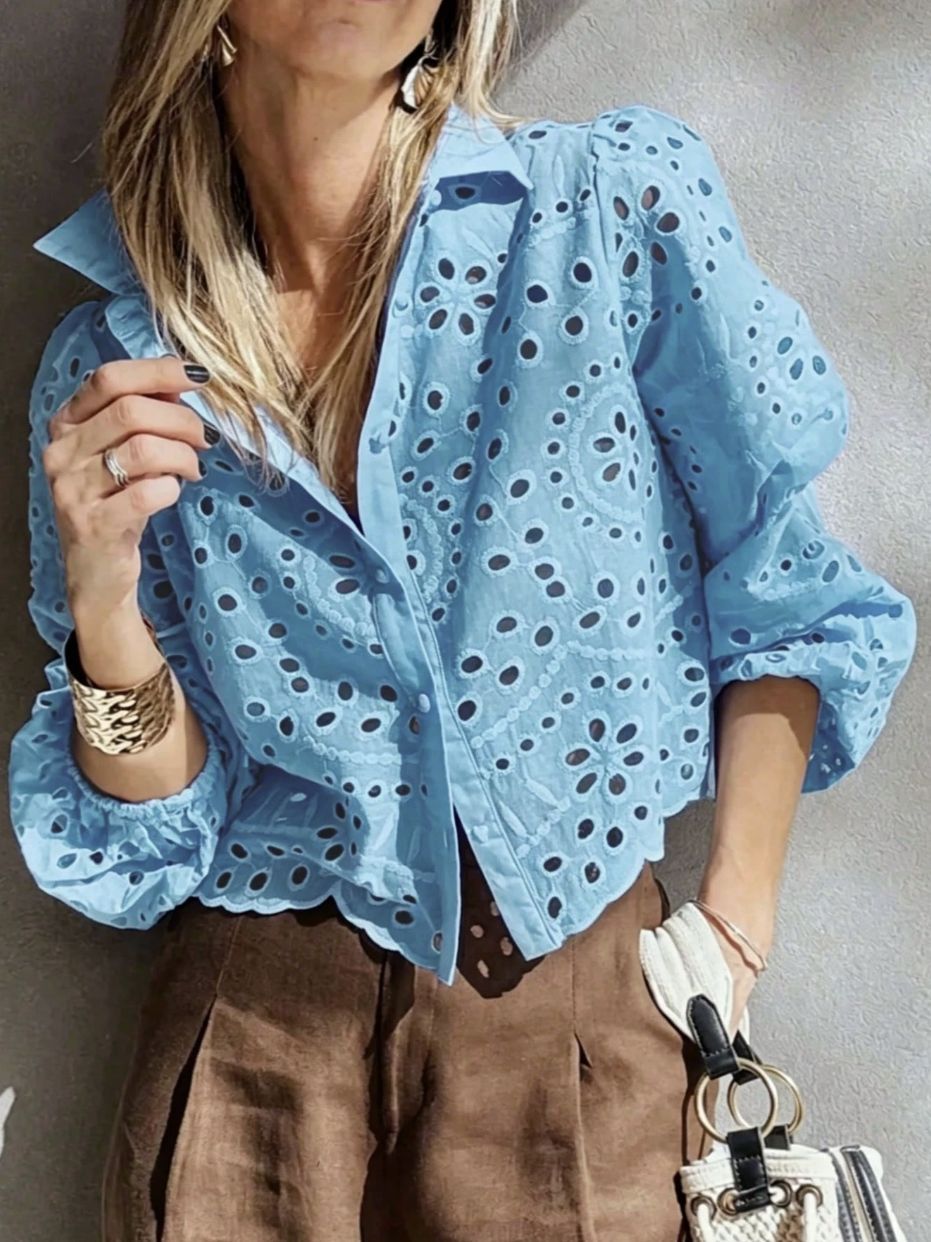 Women's Solid-color Loose-fit Hollow-out Embroidered Short Shirt