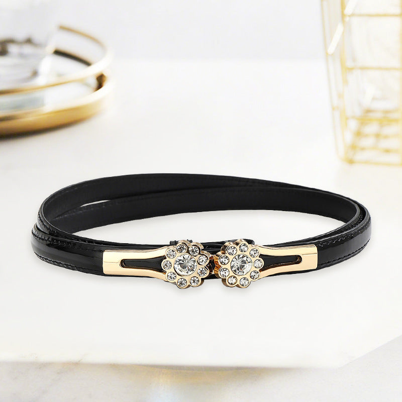 Adjustable Rhinestone Flower Thin Belt For Women Decorative