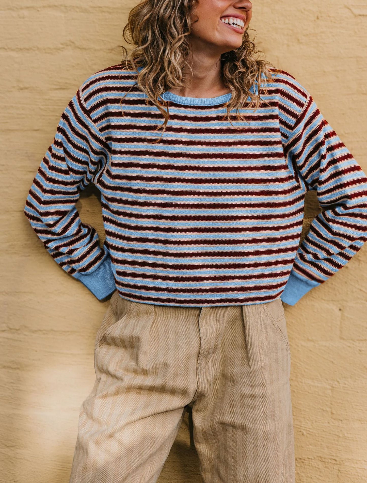 Womens Round-neck Knitted Striped Color-block Sweater