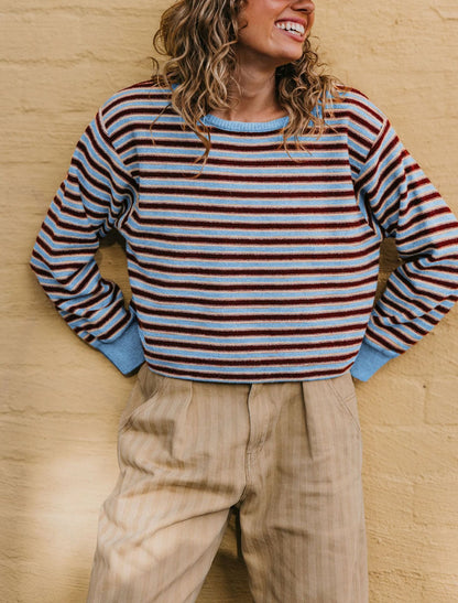 Womens Round-neck Knitted Striped Color-block Sweater