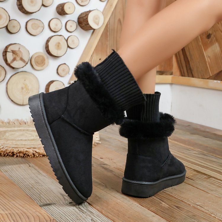 Women's Fleece Lined Thickened Slip-On Snow Boots, New Winter Platform Bow Warm Plus Size Furry Cotton Shoes