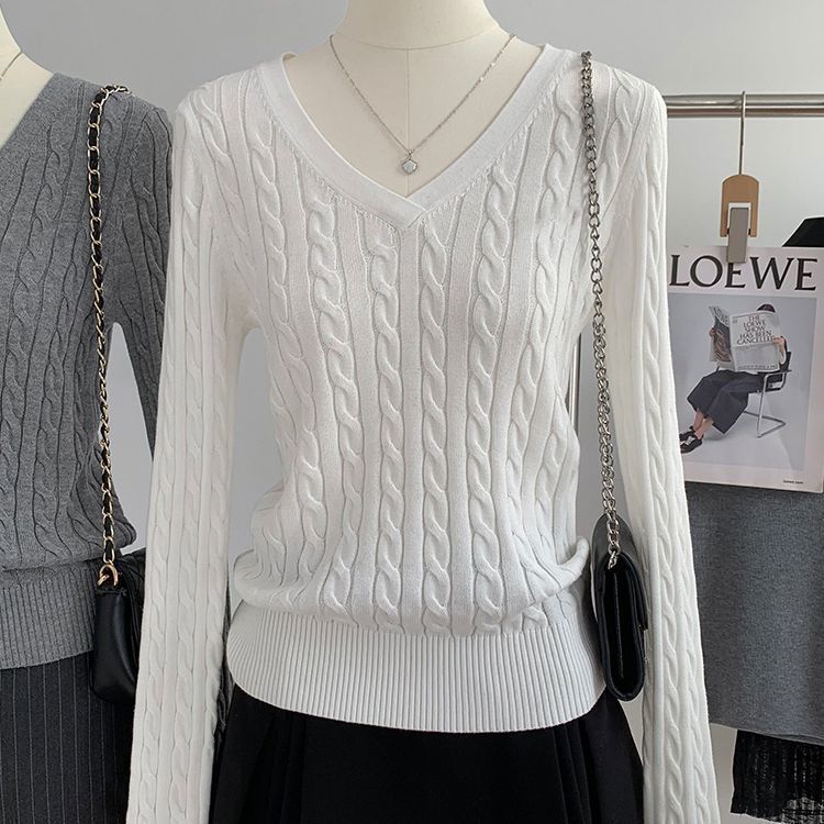 V-neck Sweater Womens Preppy-Style Long-Sleeve Minimalist Knit Top