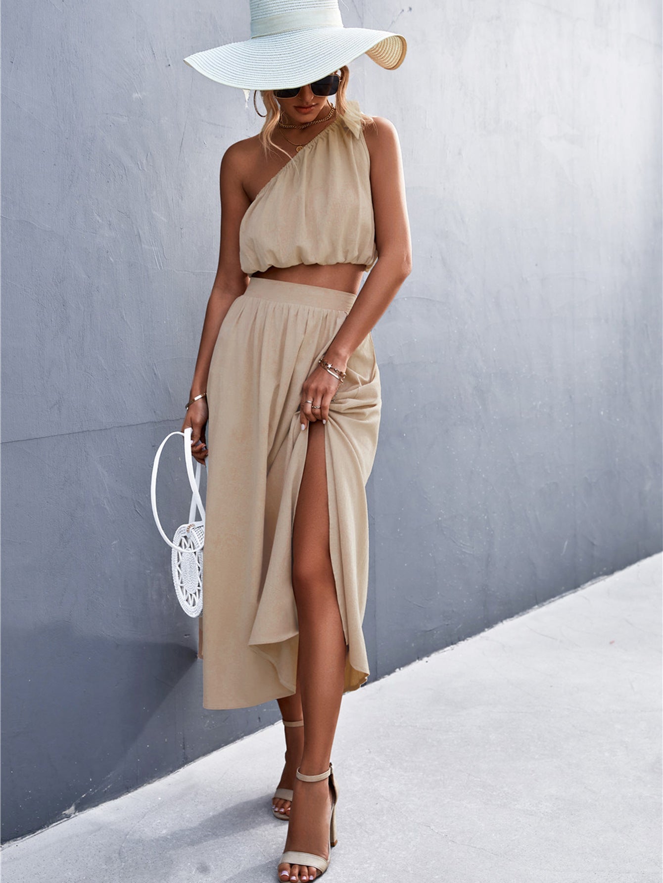 Oblique Shoulder Lace-Up Vest Slit Skirt Suit