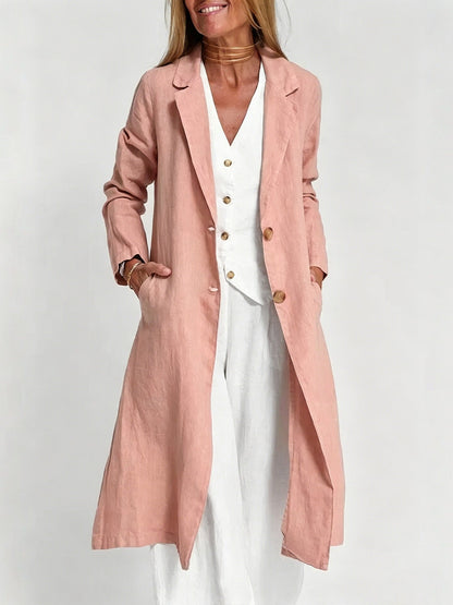 Long-sleeve Buttoned Cotton-linen Trench Coat With A Suit Collar