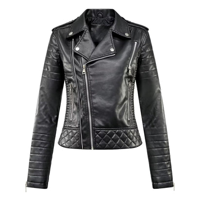 Turn-down Collar Motorcycle PU Leather Jacket Womens