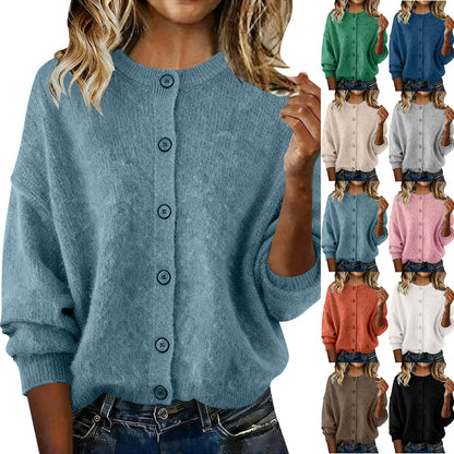 2025 European And American Cross-Border Autumn And Winter Women's Knitted Round Neck Long-Sleeved Pure Color Casual Fashion Knitted Cardigan