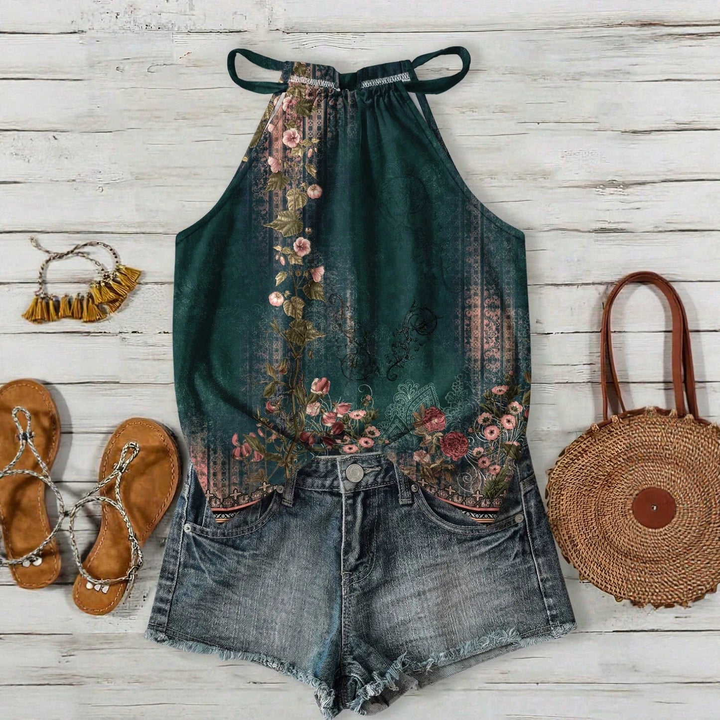 Womens Casual Resort-style Halter-neck Sleeveless Tank Top