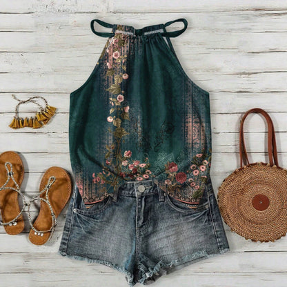 Womens Casual Resort-style Halter-neck Sleeveless Tank Top