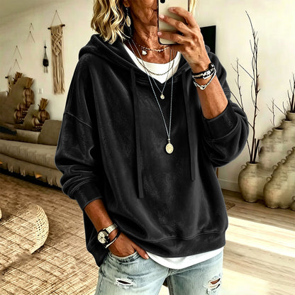 Womens Casual Solid-Color Hooded Long-Sleeve Top With Drawstring