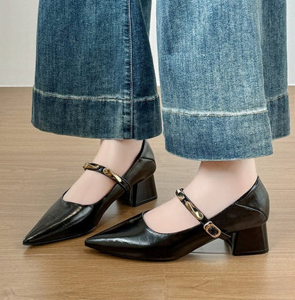 French Pointed Toe Block Heel Pumps For Women, Metal Strap Low Cut Mary Janes, Versatile Fashion Shoes For Spring & Autumn