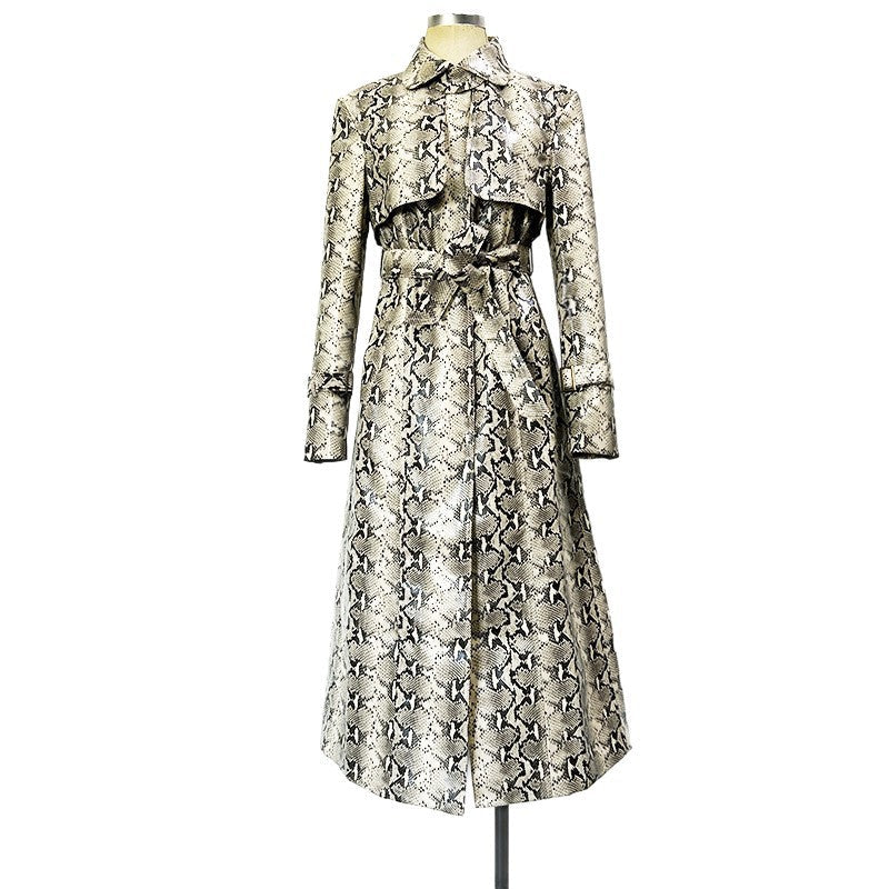 Snake-Print Faux Leather Long Trench Coat