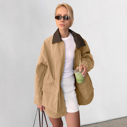 Commuter-style Retro Color-block Mid-length Trench Coat
