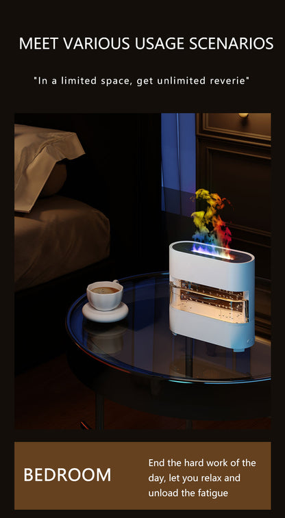 Small white device on a glass table with a cozy bedroom setting, featuring text about usage scenarios.