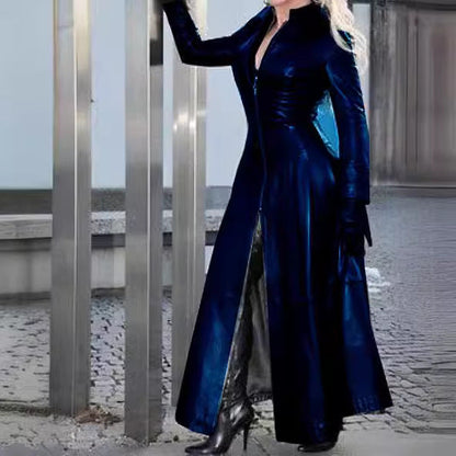 Women's Fashion Long Leather Coat With Stand Collar