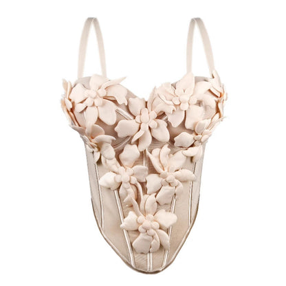 Cross-border Europe And The United States New Three-dimensional Flower Camisole Top Slim-fit Pure Desire Style Sexy Fish Bone Chest