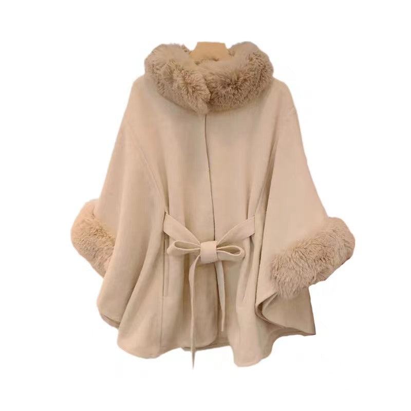 Fur Collar Tie Knitted Cape Women's Wool Plus Size Women's Clothing