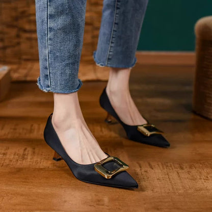 Women Minimalist Luxury Satin Kitten Heel Pumps Matching Casual Daily