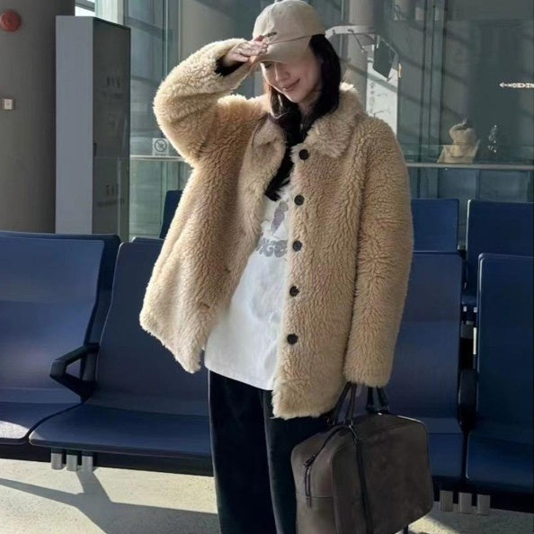 New Womens Wool Sheepskin Coat With A Lapel Collar
