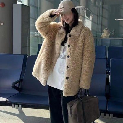 New Womens Wool Sheepskin Coat With A Lapel Collar