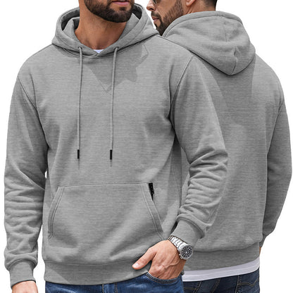 Cross-border TK Men's American Solid Color Drawstring Hoodie, Sports & Outdoor Sweatshirt With Anti-theft Side Zipper Kangaroo Pocket