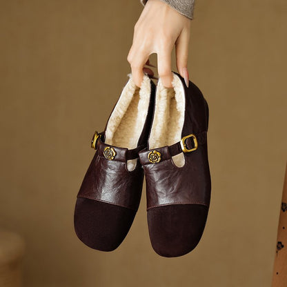Women's Camellia Vintage Mary Janes, 2025 New Suede Finish, Round Toe Flat Pumps, Shallow Mouth Versatile Fleece Lined Warm Leather Shoes