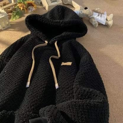 Winter Fleece-lined Extra-thick Lambswool Hooded Sweatshirt