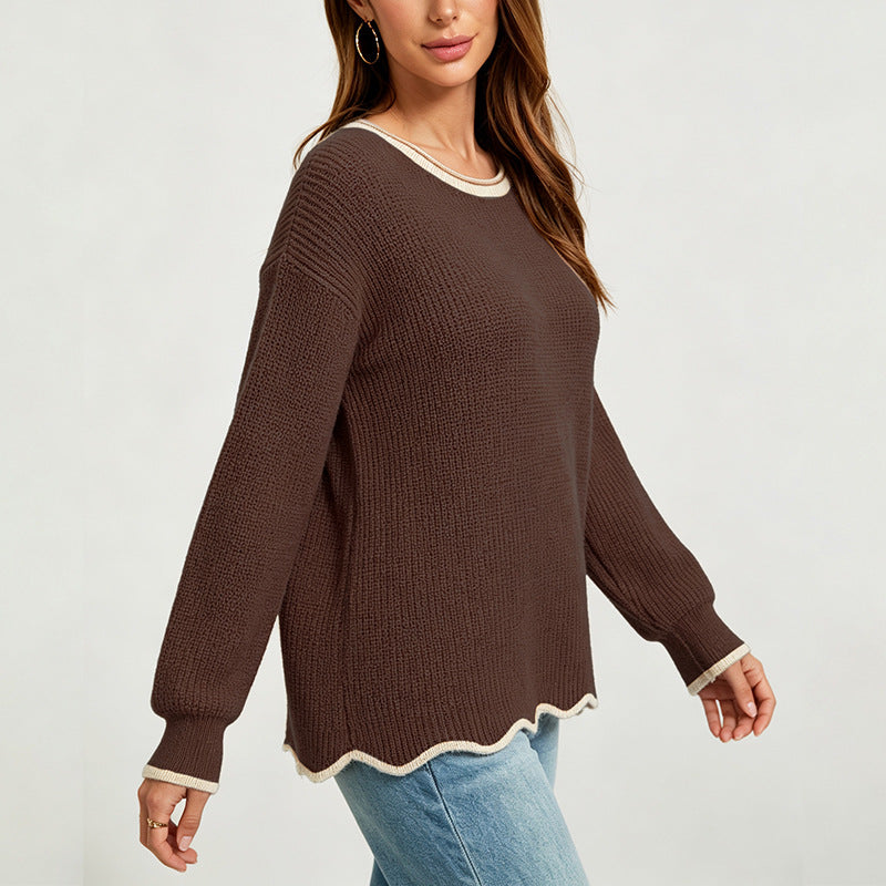 Womens Round-neck Loose-fit Versatile Knit Sweater