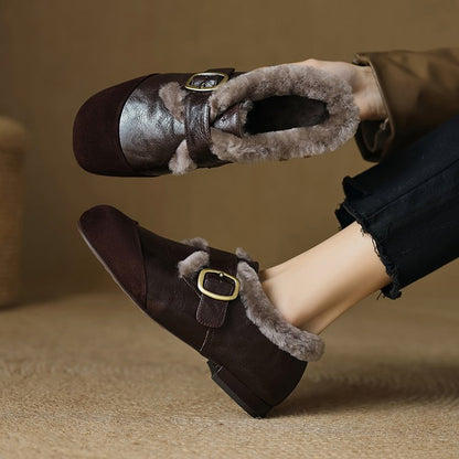 Women's French Fashion Vintage Flat Leather Shoes, 2025 New Arrival, Thickened Deep Vamp Pumps For Autumn & Winter, Comfort Casual Cotton Shoes