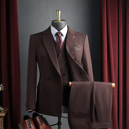 Men Dark Brown Peak Lapel Double Breasted 3 Piece Suit Set
