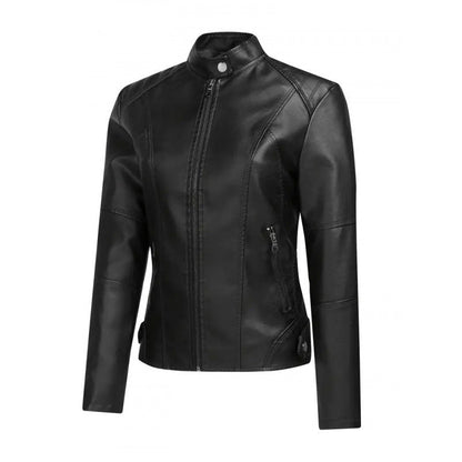 Womens Fashionable Short Washed-leather Zip-up Jacket