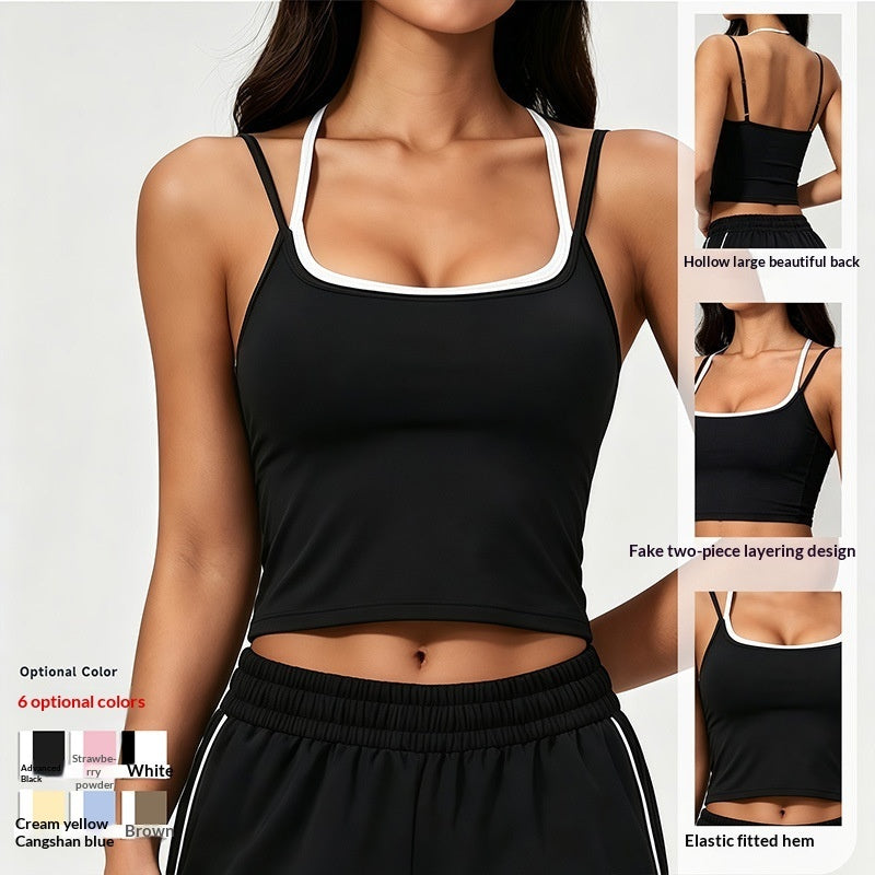 Color Block Sports Bra Halterneck Two Piece Faux Tank Top For Women
