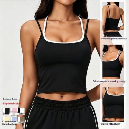 Color Block Sports Bra Halterneck Two Piece Faux Tank Top For Women