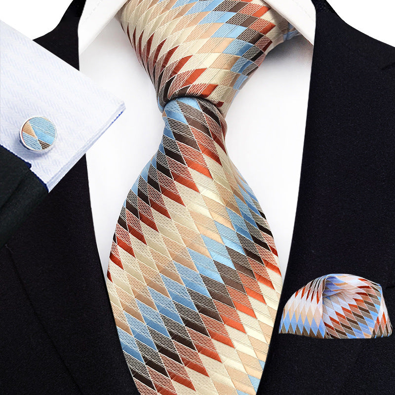 Mens Plaid Formal Tie Pocket Square And Cufflinks Three-Piece Set
