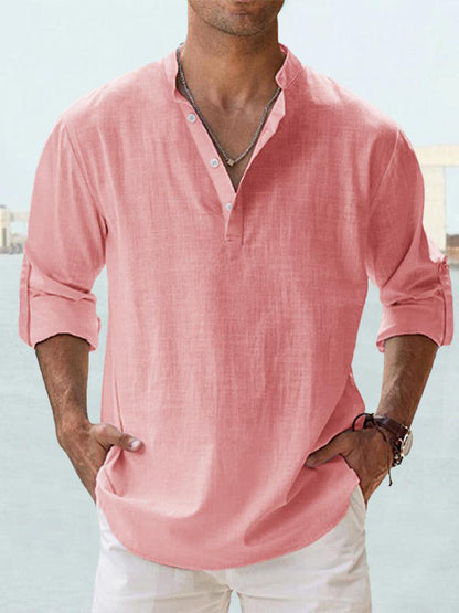 Trade Men's Linen Collar Long-sleeved T-shirt Loose T-shirt Solid Color Long-sleeved Cotton And Linen Shirt For Men