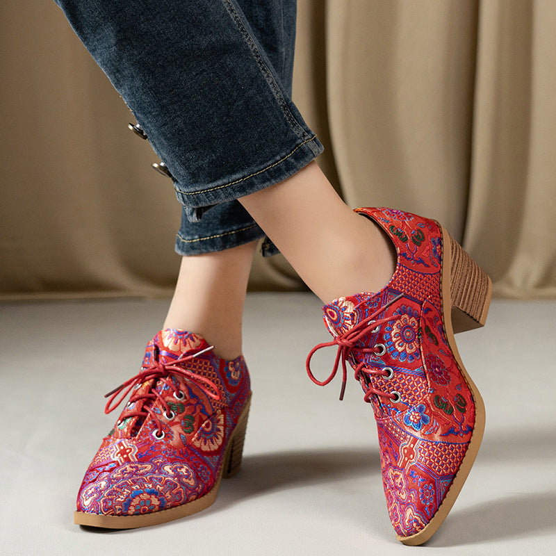 Pointed-toe Printed High-heeled Pumps With Laces For Women