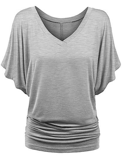 Plus-size Loose-fit Batwing-sleeve V-neck Short-sleeve T-shirt Top