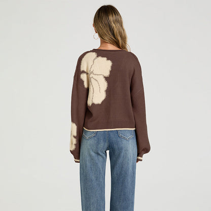Womens Loose-fit Jacquard Color-block Knitted Cardigan Top