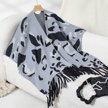 Drizzle-Color Leopard-Print Knitted Tassel CapeShoulder Wrap For Women