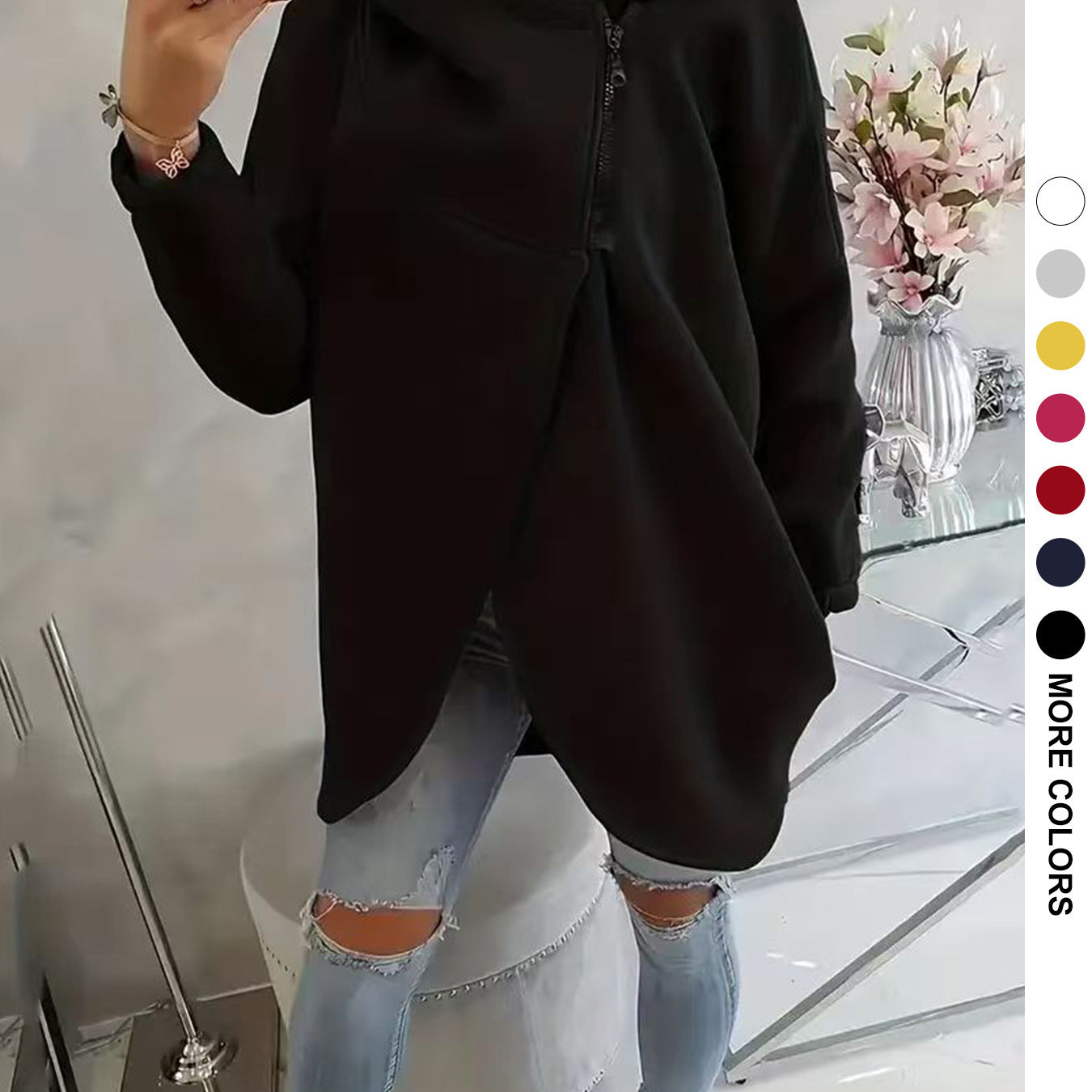 Womens Solid-color Long-sleeve Casual Hooded Sweatshirt