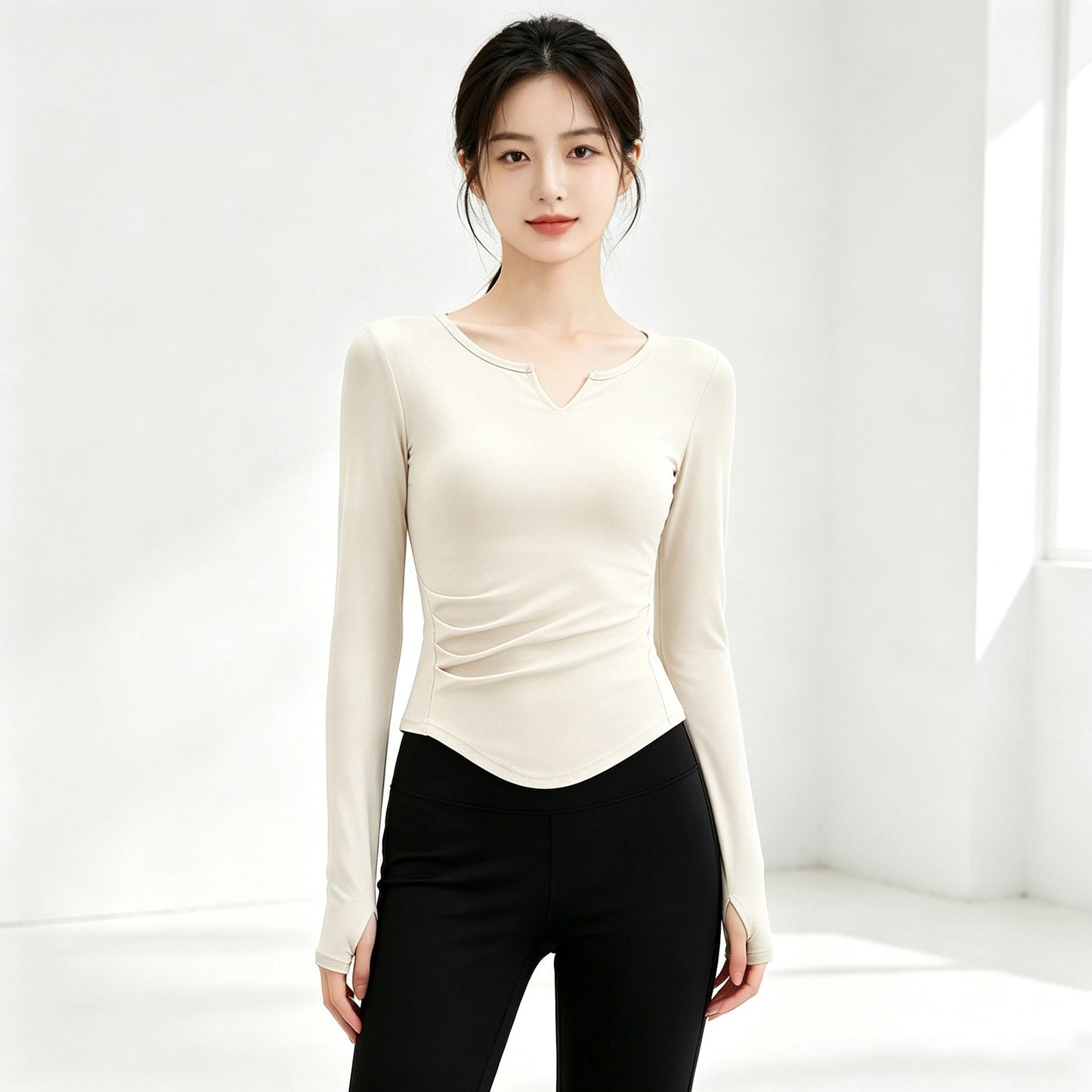 Small V-neck Pleated-waist Long-sleeve Womens Top