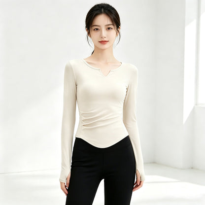 Small V-neck Pleated-waist Long-sleeve Womens Top