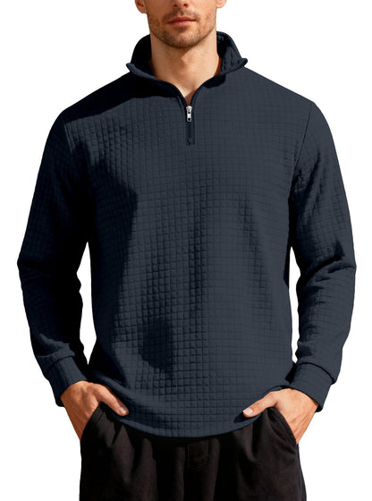 Business-casual Mens Loose-fit Jacquard Crew-neck Half-zip Hoodie With Small Square Patterns